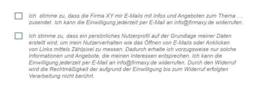 Beispiel: Checkboxen für das personenbezogene Tracking